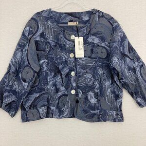 New Barbara Katz Lands Downunder Linen Blue Indigo Artsy Button Jacket Large